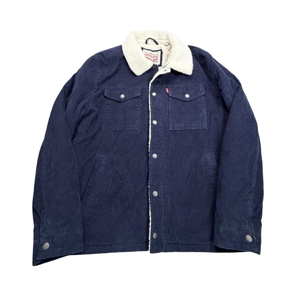 Levis Sherpa Lined Trucker Jacket Mens L Navy Blue Corduroy Cotton Western